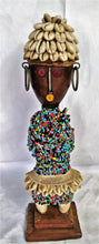 Load image into Gallery viewer, Lady In Cowry Shell Hat Colourful Beaded Wooden Poupe