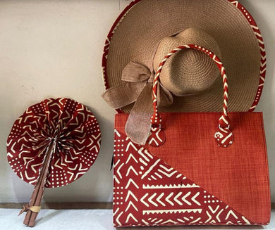 Red Ankara Sun Hat, Summer Handbag and Hand Fan Set