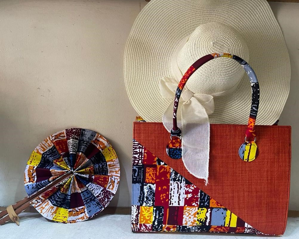 Multicoloured Ankara Sun Hat, Handbag and Hand Fan Set