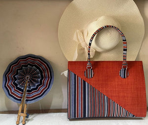 Striped Ankara Sun Hat, Summer Handbag and Hand Fan Set