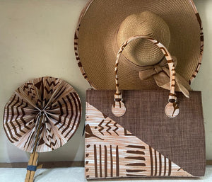 Beige Ankara Sun Hat, Summer Handbag and Hand Fan Set