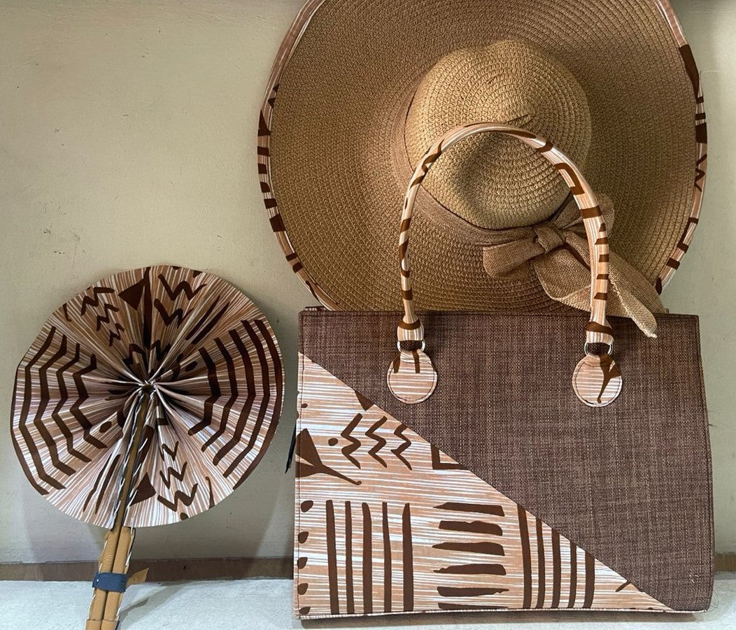 Beige Ankara Sun Hat, Summer Handbag and Hand Fan Set