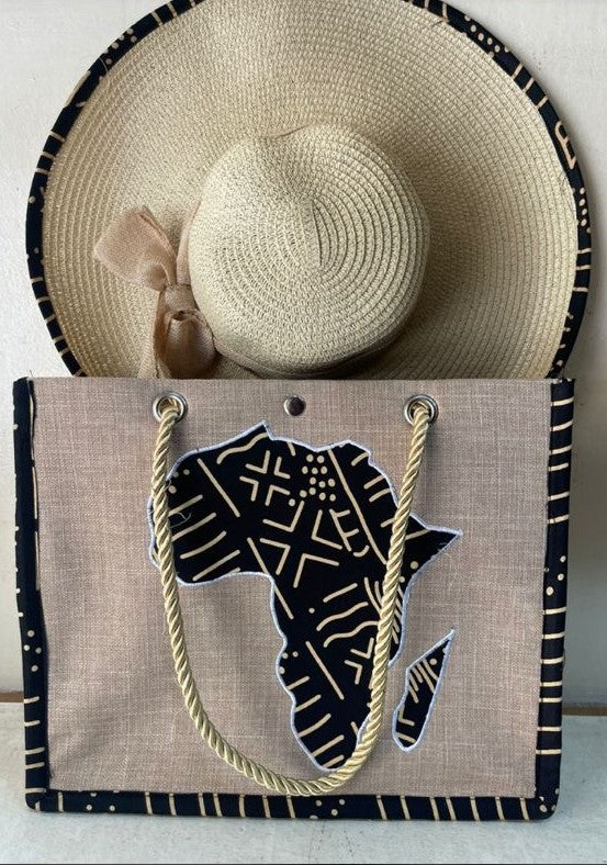 Black Ankara Print with Light Background Sun Hat and Summer Handbag Set