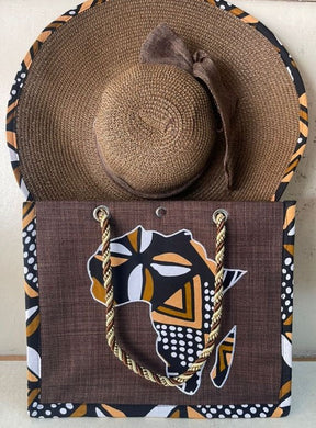 Brown Ankara Print with Dark Background Sun Hat and Summer Handbag Set