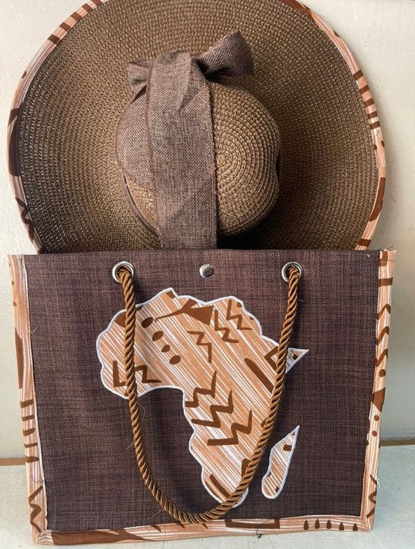 Beige Ankara Print with Dark Background Sun Hat and Summer Handbag Set