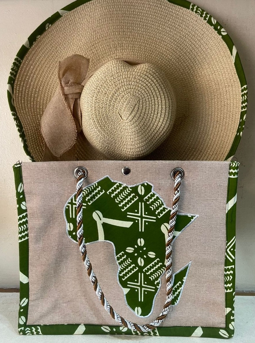 Green Ankara Print with Light Background Sun Hat and Summer Handbag Set