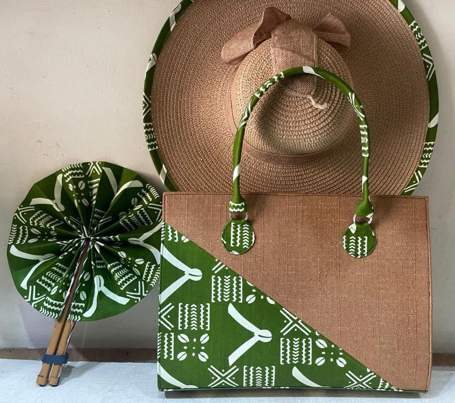 Green Ankara Sun Hat, Summer Handbag and Hand Fan Set