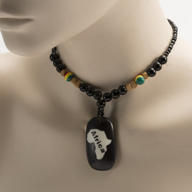 African Map Pendant On Black & Rasta Color Beads Necklace