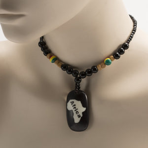African Map Pendant On Black & Rasta Color Beads Necklace