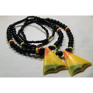 African Map In Triangle Pendant On Black & Rasta Color Beads Necklace
