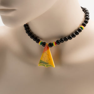 African Map In Triangle Pendant On Black & Rasta Color Beads Necklace