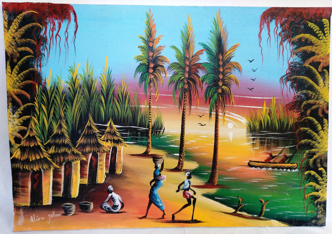 African Village Sunrise Canvas Acrylic Painting