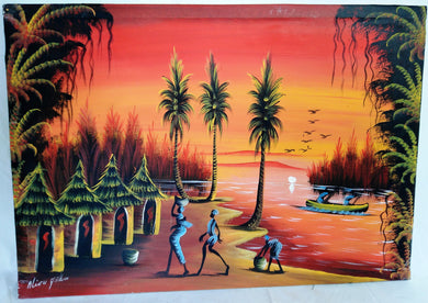 African Village Sunset Canvas Acrylic Painting
