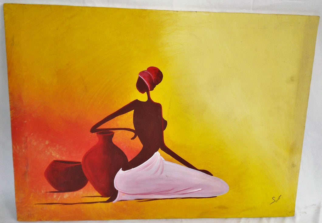 African Lady Kneeling Canvas Acrylic Painting