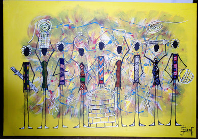 African Women By The Well Canvas Acrylic Painting