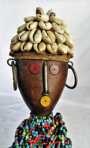 Lady In Cowry Shell Hat Colourful Beaded Wooden Poupe